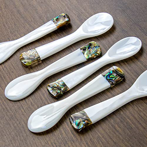DUEBEL Lot de 6 Blanc Nacre Mop Caviar Cuillères pour Caviar, œufs, Glace, Service à Café (Blanc, 9 x 2.4 cm)