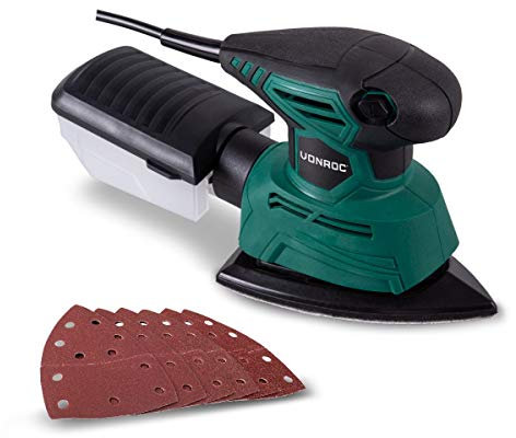 VONROC Levigatrice triangolare multifunzione mouse, 130W. Include contenitore di raccolta della polvere e 6 fogli abrasivi