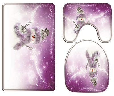 A.Monamour Badezimmer Badematte 3 Teilig Set Lila Bokeh Sternenhintergründe Niedlichen Schneemann Weihnachten Kunst Dekore Flanell Saugfähig Badteppiche Badvorleger Badgarnitur Wc Vorleger