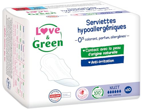 Love & Green Serviettes hygiéniques, écologiques et hypoallergéniques - certifiées Ecolabel et Dermatest - NUIT x 10 : Sans colorant, parfum, allergènes (pack of 1)