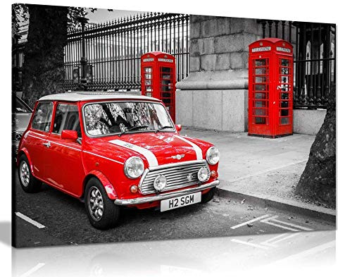 London Classic Mini Red Phonebox Black White Canvas Wall Art Picture Print Home Decor (36x24)