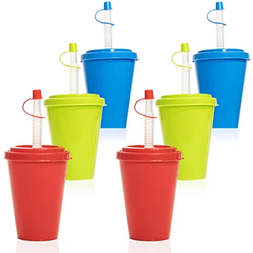 Hausfelder Trinkbecher Set mit Strohhalm und Deckel - wiederverwendbare 400ml Becher aus Kunststoff für Kinder und Erwachsene (Blau, Grün, Rot, 6er Set)