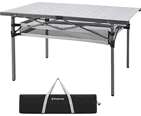KingCamp Campingtisch klappbar mit Tragetasche Klapptisch mit Aluminiumrahmen Aufrollbare Tischplatte(136x70 cm) für 4-6 Personen Campingtisch faltbar mit Tragetasche belastbar bis 80 kg,Silber,XL