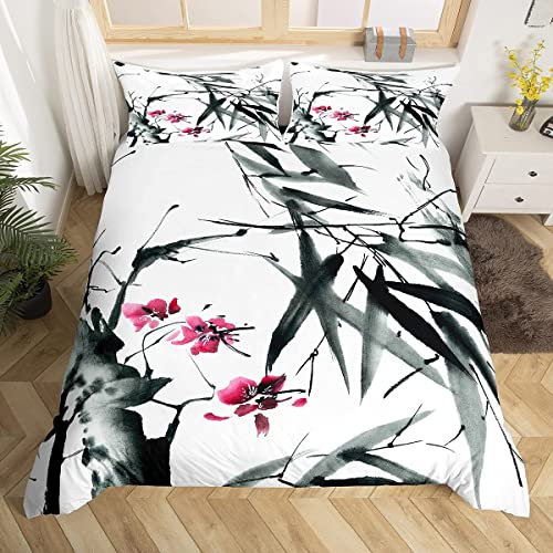 Funda de edredón de Estilo Chino, Juego de Ropa de Cama con Pintura de Tinta, Doble para niños, decoración Ligera de Dormitorio, Gris y Blanco
