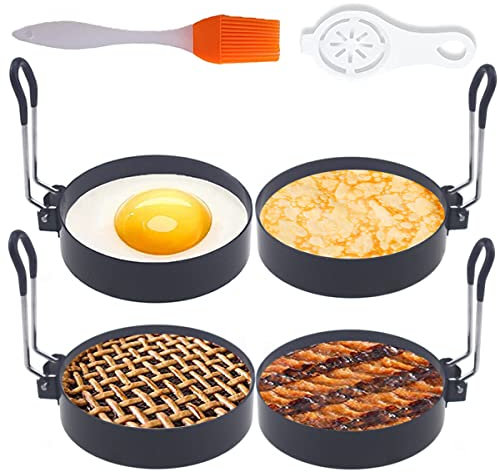 Upgrade 10,2 cm große Eierringe für Grillplatte, 4 Packungen antihaftbeschichteter Edelstahl-Eierkochring zum Braten von Ei, 10,2 cm, runder Eierkocher, Eierkreis, Pfannkuchenring, Silikon-Grill mit