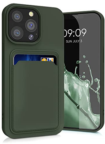 kwmobile Case Compatible with Apple iPhone 13 Pro Case - TPU Phone Cover with Credit Card Holder - Dark Green