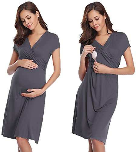 Irdcomps Chemise de Nuit Maternité Femme Coton Robe Patineuse Maternité d'allaitement Robes Vêtements Grossesse Allaitement Pyjama à Manches Courtes Gris Foncé M
