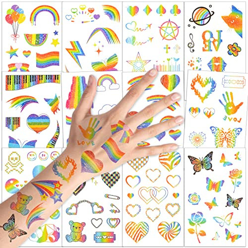 Qpout 12PCS Rainbow Glitter Tattoo Schmetterling Herz Regenbogenfahne Body Art Aufkleber 130+ Glitzerstile Stolz Tattoos für Mädchen Jungen Geburtstagsfeier Stolz