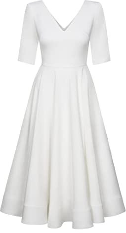 Swing Fashion Sally Rose | Weiß mi-Longue Femmes élégante fête soirée mariée Robe de Bal | Col en V | Manches 3/4 | Blanc | 40