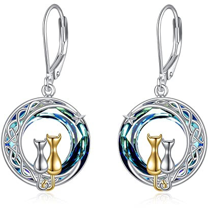 VONALA Boucles d'oreilles dormeuses en argent sterling 925 avec motif lune, chat, chauve-souris, araignée, vache pour femme, arbre de vie, cadeau d'anniversaire, Argent sterling, Cristal bleu