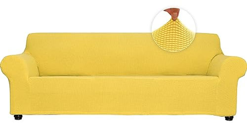 Qubjus Stretch Sofabezug Loveseat Sofabezug weiche Sofabezüge für 2 Kissen Couch Sofamöbel Schutz Jacquard Stoff kleine Karos mit elastischem Boden für Kinder Haustiere (Gelb, Medium)