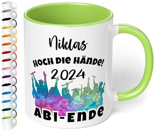 Lustige Tasse zum Abitur 2025 mit Namen: „Hoch die Hände - 2025 – ABI-ENDE“ - Kaffeetasse personalisiert - Geschenke zum Abitur, Abschlussgeschenk, Geschenk zur bestandenen Prüfung, Hellgrün