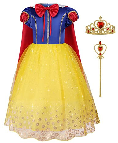 Aomig Snow Principessa Vestito, Snow Bianco Costume Principessa Carnevale Costumi con Corona e Scettro Principessa Bambina, Bianco Neve Costumi con Mantello per Ragazze Natale Halloween Cosplay,110cm