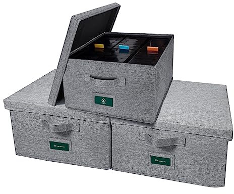 TWAVETREE VHS Aufbewahrungsbox mit Deckel, 3 Stück, praktischer VHS-Aufbewahrungskoffer mit Index-Etiketten, 36,7 x 34,9 x 21,6 cm, VHS-Halter, Aufbewahrungsbehälter zur Aufbewahrung von bis zu 126