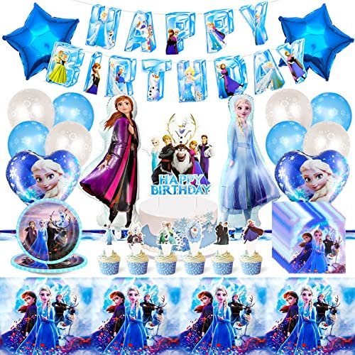 Eiskönigin Geburtstagsdeko,72 Stück Partygeschirr Kindergeburtstag Set,Enthält Gefrorene Luftballons,Teller,Serviette,Tischdecke,Banner,Cupcake Topper,Elsa Geburtstagsparty Deko,Frozen Geburtstagsdeko