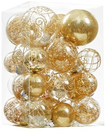 Wironlst Weihnachtskugel-Ornamente, bruchsicher, transparent, große Kunststoffkugel zum Aufhängen, dekorative Kugel-Set mit gefüllten, zarten Dekorationen (verschiedene Größen, Gold)