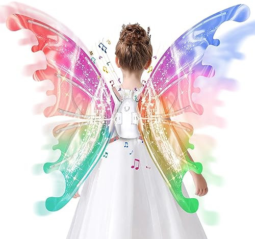 Elektrische Feenflügel mit LED Lichtern-Schmetterling Flügel für Mädchen Frauen mit beweglichen Schmetterlingsflügeln und musikalischen, Feen Kostüm Cosplay, Geschenk für Halloween Geburtstag Fasching