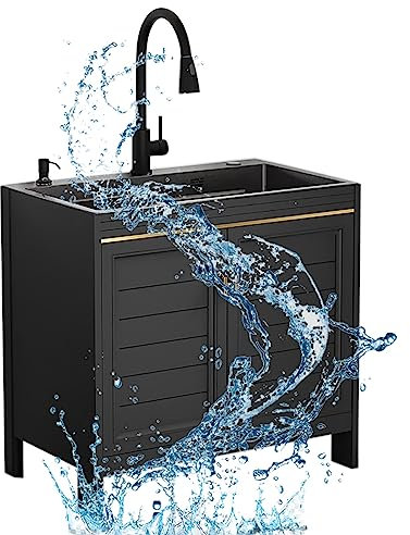 Fregadero de Cocina Comercial de 1 Compartimento Apto Fregadero de Acero Inoxidable con Grifo Patas Escurridor Portatil Fregadero Exterior Jardin Mueble Pila Lavadero Apto Garaje Fácil de Limpiar (Si