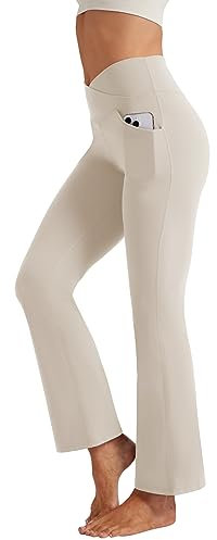 Friptspyg Hose Damen Flared Leggings V High Waist Schlaghose Elegant Jogginghose Stretch Yogahose mit Taschen Sporthose, Khaki M