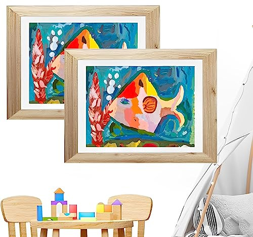 Keyohome 2 Stück Bilderrahmen Kinderzeichnungen A4, Kinder Kunstrahmen Aufklappbar Frontöffnung, Befüllbarer Klapprahmen zur Aufbewahrung&Darstellung von Kinderzeichnungen/Kunstwerken (2 Stück, Holz)
