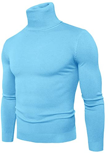 Générique Pull d'Hiver pour Homme à Col Roulé Torsadé - Tricot Fin et Épais - Coupe Ajustée en Coton - Manches Longues - Basique (Bleu Ciel, M)