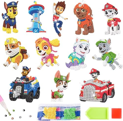 YOUYIKE Paw Patrol Diamant Aufkleber Kit, 12 Stück 5D Diamond Painting Kinder, DIY Diamant Painting Kit für Kinder Anfänger, Geburtstags Geschenk für Jungen Mädchen