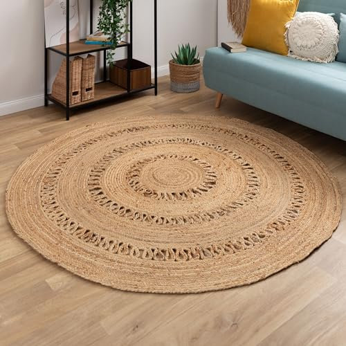 Steffensmeier Jute Teppich Goa | Rund | Wohnzimmer, Flur, Eingangsbereich, Naturfaser, handgeflochten, Sun, Größe: Ø 120 cm