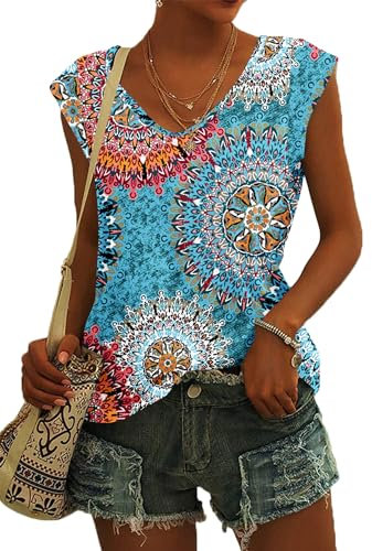 NARRAME Damen T-Shirt Sommer Blusen Kurzarm V Ausschnitt Tshirt Leicht Lässig Luftig Tank Top Blumenmuster Grün Groß L 42-44