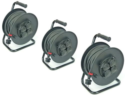 GLT 3 x Paccs 30 m Profi Gummi Kabeltrommel schwarz mit 4 Steckdosen Verlängerungskabel für Außenbereich/Outdoor/Baustellen IP44 - H07RN-F 3x1,5 mm²