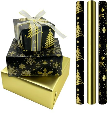 Lot de 3 rouleaux de papier cadeau de Noël recyclable métallique brillant pour anniversaire, mariage, fête prénatale, fête, festival, 42,9 cm x 3 m