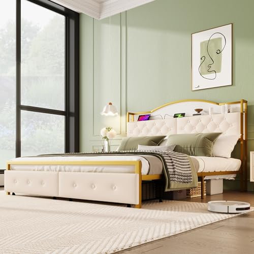 TaiEnjoy Bettrahmen Metallbett 180 x 200cm mit 2 Schubladen Stauraum, Kopfteil mit USB-Ladefunktion, Doppelbett Jugendbett aus Gold Eisenrahmenbett, Ohne Matratze