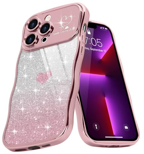 Teageo Cute Heart Pattern Curly Phone Case for iPhone 13 Pro Max, Wave Frame Glitter Case for Girls Women Aesthetic Bling Cover Shockproof Soft TPU Bumper for iPhone 13 Pro Max, Pink