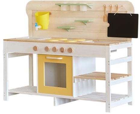 Giant bean Mud Kitchen for Kids Outdoor, Deluxe Wooden Toy Play Kitchen Set for Boys and Girls Ages 3-8 Indoor & Outdoor Activities, with Sand and Water Sink, Blackboard and Accessories