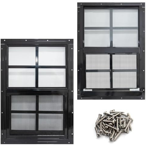 NeatiEase 2 Stück Schuppenfenster mit schwarzem Rahmen, 24 x 36 cm, bündig montiert, kleines Fenster mit gehärtetem Glas und Fiberglas-Bildschirm für Schuppen, Hühnerstall, Spielhaus, Haushalt, Garage