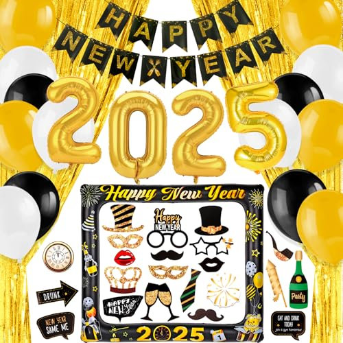 HOWAF Silvester Deko 2026, Deko Silvester Party Set, Happy New Year Girlande, 2026 Ballon, Foto Requisiten, Lametta Vorhang Gold, Luftballons für Neujahrsdeko Silvesterdeko Happy New Year Deko 2026