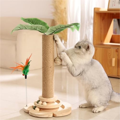 Marchul 5 in 1 Katzenspielzeug, Katzenkratzbaum mit Sisalseil, Hölzerne Katze Track Toy Ball mit Springy Feder, Kätzchen Baum mit simulierten Pflanzen, Interaktiver Kratzbaum für Katzen