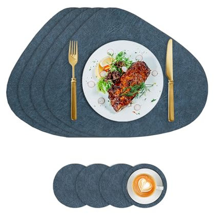 Tovagliette in Ecopelle e Sottobicchieri, Tovagliette Lavabili Bifacciali Antiscivolo Rotonde, Sottobicchieri in Pelle, l'isolamento Protegge il Tavolo (Blu-Giallo)