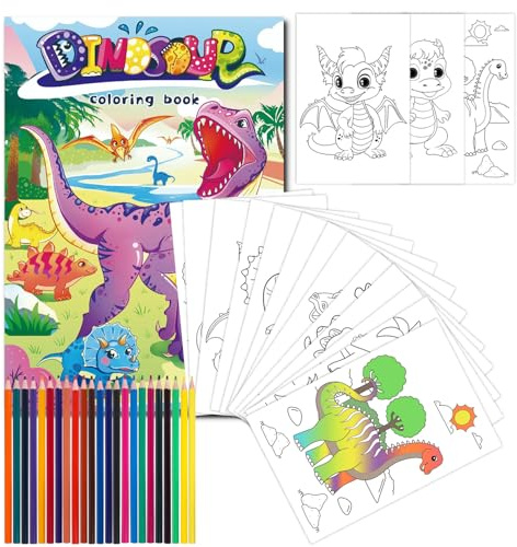 Fzyisw Dinosaurier Malbuch Kinder 60 Blatt Verschiedene Designs Muster, Malbücher mit Buntstifte in 24 Farben, Malbücher für Kinder, Malbuch ab 3 4 5-8, Kleinkinder-Beschäftigung für Unterwegs