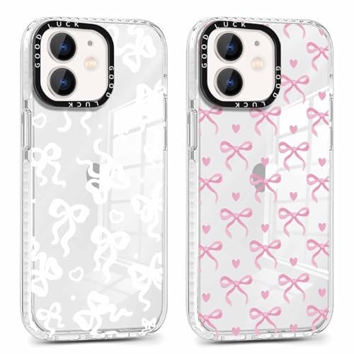 Yirlbey 2 Stück für iPhone 12 Pro / 12 6,1'' Hülle, Transparent Handyhülle mit Schleifen Fliege und Herz Aesthetic Muster Motiv Design Mädchen Case, Durchsichtig Dünn TPU Bunt Silikon Stoßfest Cover