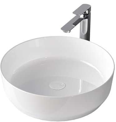 EMKE Lavabo rond en céramique, 39 x 39 x 12 cm, installation sur plan de travail, blanc brillant, idéal pour salles de bains et toilettes d'invités