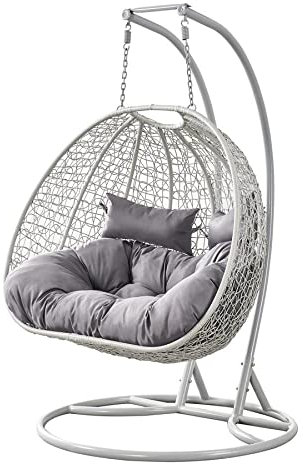 Rattan Double Hanging Egg Chair Swing for Garden Patio Decking Indoor Outdoor Bedroom Furniture Hammock Chair (Grey)