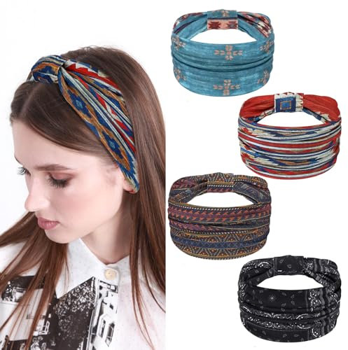 MBAIYO 4 Stück Breite Stirnbänder, Geknotetes Stirnband Für Damen Elastische Weiche Boho Haarbänder Rutschfeste Bandanas Print Haarschmuck Vintage Knot Haarband für Frauen Yoga Sport Reisen