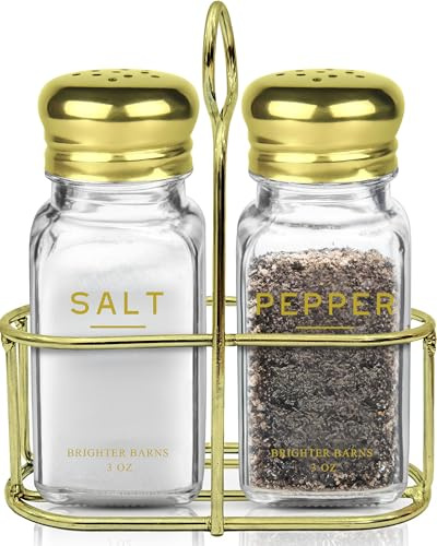 Gold Salt and Pepper Shakers Set with Holder by Brighter Barns - Luxury Kitchen Decor & Accessories - Modern Glass Shakers with Stand & Stainless Steel Lids for Neutral Home, Restaurants (Clear/Gold)