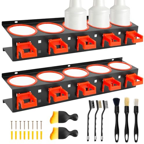 2-Pack Wall Mounted Spray Bottle Holder with Hooks, Hanging Car Beauty Cleaning Accessory Display, Spray Bottle Holder Wall Mount with 8 Brushes Set, Utility Bottle Storage Rack for Car Wash, Beauty