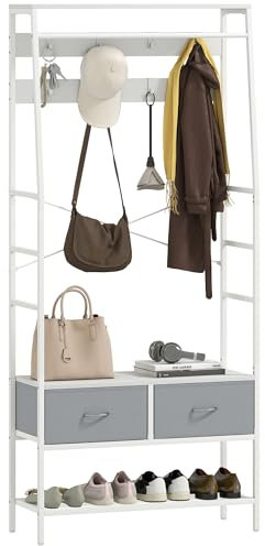 HOMCOM Porte-manteau Porte-chaussures avec 8 crochets 2 tiroirs Barre à linge Style industriel Étagère en maille pour entrée Chambre à coucher Salon 80x30x180,5 cm Blanc