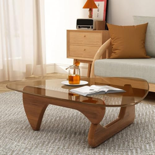 Mesa Auxiliar Triangular De Madera De Roble Macizo Y Vidrio Templado - Mesa De Café Minimalista Con Unión De Espiga, Mesa De Acento Geométrica Moderna Para Sala De Estar Y Espacios Pequeños(Brown glas