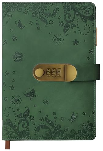 Qefuna Tagebuch mit Schloss, A5 PU Leder Blanko Journal mit Geprägter 200 Seiten, 100g Papier,Cashewblüte Vintage Lock Journal mit 3 farbige Kurvenstifte, Abschließbares Tagebuch für Erwachsene-Grün