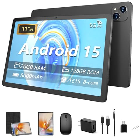 VNEIMQN Android 15 Tablet 11 Pollici Tablet con Tastiera, 20GB+128GB, 1TB Espandibile, Octa-Core, 2.4G/5G WiFi, 8000mAh, BT V5.2, IPS Touch screen, GPS, 2 in 1 con custodia, mouse e penna