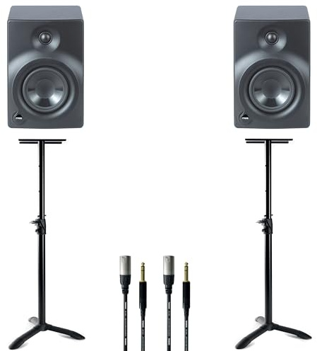 Fame Audio Orbital 208S Aktive Studiomonitor Set 2-Wege 8 Tieftöner 1 Hochtöner 75W RMS Nahfeld Schwarz Inkl. 2x Monitor 2x Mikrofonkabel 2x Stativ Ideal für professionelles Studio-Monitoring