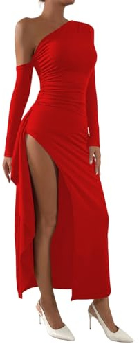 Zesoyne Womens Sexy Maxi Dress One Off the Shoulder Long Dresses | Long Sleeve, High Side Slit, A-line Style, Long Dresses for Party, Cocktail, Wedding, Prom, Date Nights